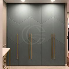 the interior of a store with grey walls and gold trimmings on the doors