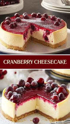 a cheesecake with cranberry toppings on top is cut in half and ready to be eaten