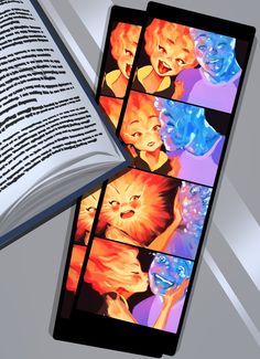 an open book with pictures on it next to a tablet