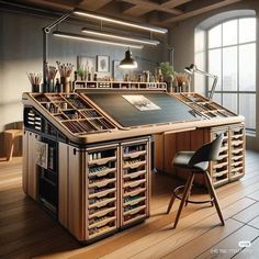 an office desk with lots of drawers and chairs in front of large windows, surrounded by wood flooring