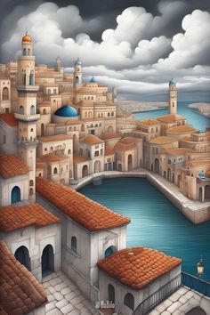 a painting of an old city by the water with clouds in the sky above it