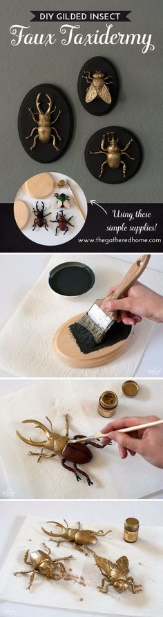 some gold bugs are being painted on black and white plates with the words, diy gilded insects