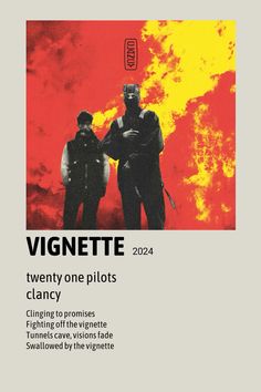 two men standing next to each other in front of a red and yellow background with the words vignette twenty one pilots