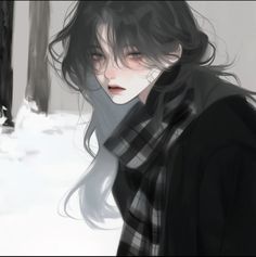 a woman with long hair standing in the snow