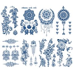 an assortment of blue and white floral designs