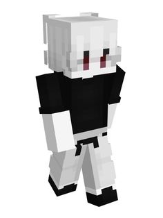 a white and black minecraft character standing in front of a white background with red eyes