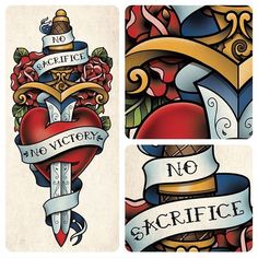 two different tattoos with hearts and swords on them, one has the word no sacrifice