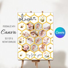 an easel with a honeycomb photo collage on it