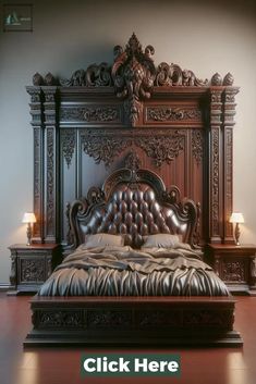 an ornate bed frame with leather upholstered headboard and foot board is shown