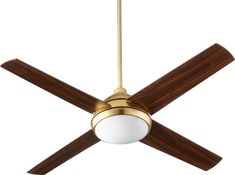 a ceiling fan with two wooden blades and a white light on the top of it