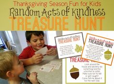 two children sitting at a table and one is holding a piece of paper that says thanksgiving season fun for kids random acts of kindness