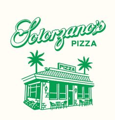 a green and white logo for a pizzeria with palm trees in the background