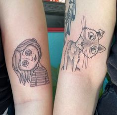 two people with tattoos on their arms, one has a cat and the other has a dog