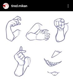 various hand gestures drawn in blue ink on a white paper with the words tiredmikan