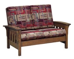 a wooden frame loveseat with red and brown plaid fabric on the seat cushion