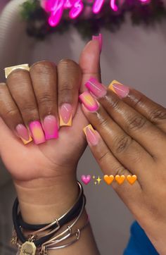 Shorties Nails Colorful, Vacation Nails Square, Yellow And Pink Nails, Carnival Nails, Mix Match Nails, Makeup Nails Designs, Acrylic Toe Nails, Ombre Acrylic Nails, Colored Acrylic Nails