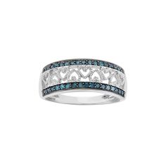 Featuring a diamond-accented heart design accompanied by rows of blue diamonds, this ring evokes a bold, beautiful look. Comes in a gift box. Featuring a diamond-accented heart design accompanied by rows of blue diamonds, this ring evokes a bold, beautiful look. Comes in a gift box. Width: 7.88 mm Metal: white rhodium-plated sterling silver, black rhodium-plated sterling silverDIAMOND DETAILS Total weight: 1/4 ct. Shape: round Setting: prong Color: blue, white Color grade: H-I Clarity: I1-I2 Dia Blue Diamond Ring With Pave Setting For Anniversary, Blue Diamond Promise Ring With Accents, Blue Diamond Ring With Accents For Anniversary, Blue Pave Setting Anniversary Rings, Blue Diamond Ring With Single Cut Diamonds For Anniversary, Blue Diamonds, Silver Heart Ring, Right Hand Rings, Black Rhodium