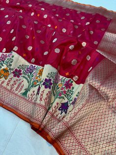 This is a very beautiful Pure banarasi katan tissue silk handloom saree Kadhyal weave border, Sona Rupa weave booties, golden n silver zari, paithani tilffi border, with  blouse piece.  Saree length - 5.5 mtr. Blouse - 1 mtr.  Dry clean only . Please note - color may be vary a little due to sunlight and photography . Please message us after purchasing in case you want fall and Pico done it not . No extra charges for fall and Pico but inform us . Blouse stitching is also available . Navratri Paithani Silk Saree For Traditional Ceremonies, Paithani Silk Saree For Diwali And Traditional Ceremonies, Paithani Silk Saree For Diwali And Ceremonies, Paithani Silk Traditional Wear With Self Design For Festivals, Self Design Paithani Silk Traditional Wear For Festivals, Traditional Paithani Silk Wear For Festivals, Festival Traditional Wear With Self Design In Paithani Silk, Paithani Silk Saree With Zari Weaving For Festivals, Diwali Paithani Silk Dupatta With Zari Weaving