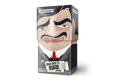 a cardboard box with an image of a man in a suit