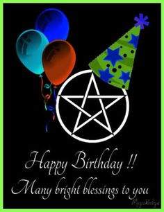 a birthday card with balloons and a pentagram