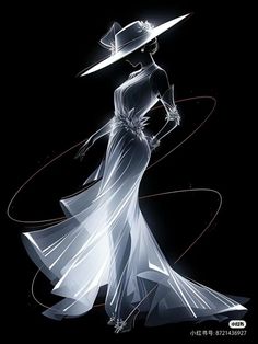 a woman in a white dress and hat walking on a black background with an abstract design