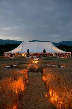 a large white tent sitting on top of a lush green field next to tall grass