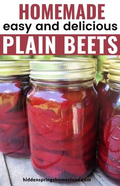 homemade easy and delicious plain beets in jars with text overlay that reads homemade easy and delicious plain beets