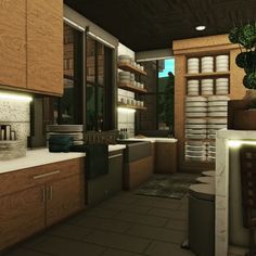 a kitchen filled with lots of wooden cabinets