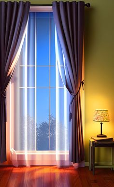 an empty room with a window, lamp and table in front of the large window