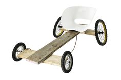 a white plastic chair on wheels attached to a wooden structure with black spokes and rubber tires