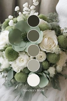 a bridal bouquet with white flowers and greenery in shades of gray, green, and beige