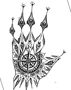 a black and white drawing of a hand with an intricate design on the middle finger