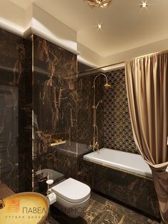 a bathroom with marble walls and flooring is pictured in this image, there are two toilets next to the bathtub