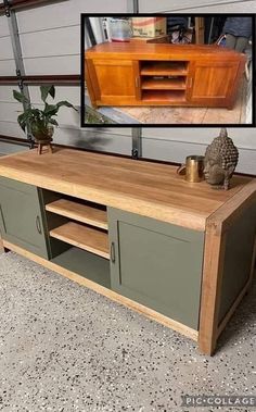 a large wooden entertainment center sitting on top of a floor next to a potted plant