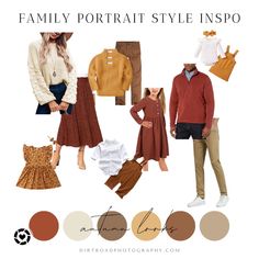 the family portrait style inspo is shown in brown, tan and beige colors with matching outfits