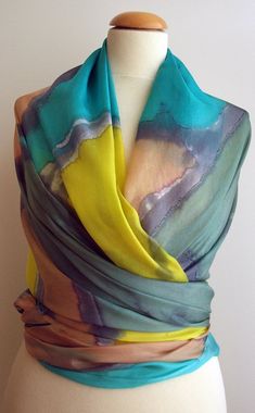 Silk scarf Handpainted. Unique. Ready to be shipped! Wrapped for gift. 78x36 in. Wonderful gift for mom, girlfriend, wife, women, her.  Let's get some silk fashion out there! Add some wearable art to your outfit on any season.This is a beautiful square silk scarf, painted in yellow, grey, green and other colors.My handmade painted scarves are not mass produced products. If the scarf has a slight imperfection, please remember to enjoy an artist's hand.This will look great on you with any outfit, Silk Fashion, Large Silk Scarf, Silk Chiffon Scarves, Painted Scarf, Silk Scarf Painting, Square Silk Scarf, Hand Painted Silk Scarf, Colorful Scarf, Painted Silk