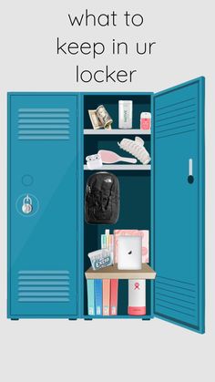 a blue locker with the words what to keep in ur locker on it and an open door