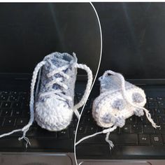 two pairs of crocheted shoes sitting on top of a laptop keyboard, with instructions to make them look like they are made out of yarn