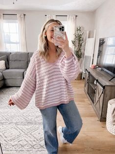 Our Persian Pink Sweater features a baby pink and white horizontal striped knit material, scoop v-neckline, long bubble sleeves, and light weight sweater material. Model is 5'1", 34DD, 6-8/28 and is wearing a size S/M. Item runs true to size with a relaxed fit. More details: 55% cotton 45% acrylic. hand wash or wash on cold and hang to dry. Pink Striped Sweater, Church Fits, Back To School Fits, Modest Fits, Cold Outfits, Rose Pale, Fall Fits, Church Outfits, School Fits