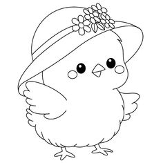 a cute chick with a hat on her head and flowers in her hair coloring page