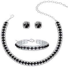 PRICES MAY VARY. ♥ Black and silver rhinestone crystal tennis jewelry set for women ♥: Brand Name: Paxuan. Material: AAA Austrian Crystal. Size: Necklace: 12'' + 7.5'' extension. Earrings: 0.55'' in length, 0.55'' in width. Bracelet: 7.5'' + 2.5'' extension. Quantity: Necklace + Earrings + Bracelet. Color: Silver plated black crystal(Great for wedding or prom dress). ♥ Black diamond rhinestone choker tennis necklace set♥: silver formal bling black jewelry for women evening wear can always keep p Bridesmaids Party, Tennis Design, Tennis Jewelry, Costume Jewelry Sets, Rhinestone Choker Necklace, Crystal Choker Necklace, Crystal Jewelry Sets, Rhinestone Choker, Crystal Choker