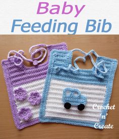 two crocheted baby feeding bibs sitting next to each other