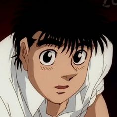 an anime character with black hair and big eyes looking at the camera while wearing a white shirt