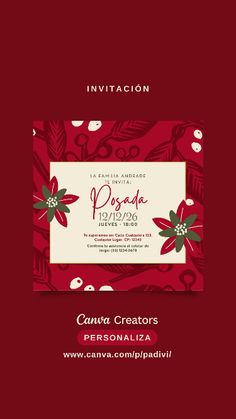 a red and white christmas party ticket with poinsettis on it, in spanish