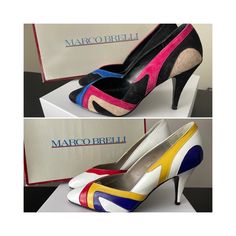 1970s/80s Multi-colored Mod Design by Marco Brelli Heels/ Yellow, Blue, Red/ Pink, Blue, Tan/ Classic pumps/ High Fashion/ Work Heels/ 6B Incredible Multi-colored 70's/80's modern design; 2 available and sold separately. One is fine leather upper with red, yellow, and blue pattern on a white background.  The black pair is Suede genuine leather upper with a vibrant pink, tan, and blue pattern on a black background. Great high fashion shoes for a lovely day/night out or as part of a work wardrobe. Retro Multicolor Heels With Round Toe, Retro Multicolor Pointed Toe Heels, Retro Multicolor Open Toe Heels, Retro Multicolor High Heels, Vintage Multicolor High Heels, Heels Yellow, Work Heels, Mod Design, Womens Pumps