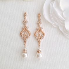 Vintage Bridal Earrings in Rose Gold-Elizabeth - PoetryDesigns Vintage Bridal Earrings, Pearl Drop Earrings Bridal, Long Pearl Earrings, Vintage Gold Earrings, Gold Earrings Wedding, Pearl Earrings Wedding, Stylish Earrings, Vintage Style Earrings, Gold Rings Fashion