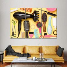 a living room filled with lots of different types of hairbrushes and combs