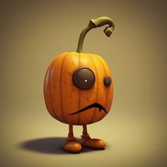 a cartoon pumpkin with an angry expression on its face and legs, standing in front of a brown background