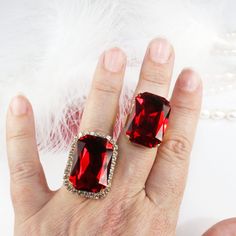 Red Ring Big Stone Cocktail Christmas Valentine's Gift True Deep Ruby Red Crystal Men Ring Adjustable Rectangle Statement Wedding ,Siam,GR59 A great Valentine's gift or Christmas gift for men and women! A wonderful vibrant Red premium crystal! Great with your White T and favorite Jeans! Ideal for your navy blue wedding! for the bride, mother of the bride or bridesmaids! A sparkly comfortable adjustable ring made with a large (27mm x 18.5mm) rectangle premium high quality crystals. A special cut Red Diamond Ring, Ruby Cocktail, Cocktail Christmas, Huge Crystal, Red Cocktails, Red Ring, Red Rings, Crystal Christmas, Red Cocktail