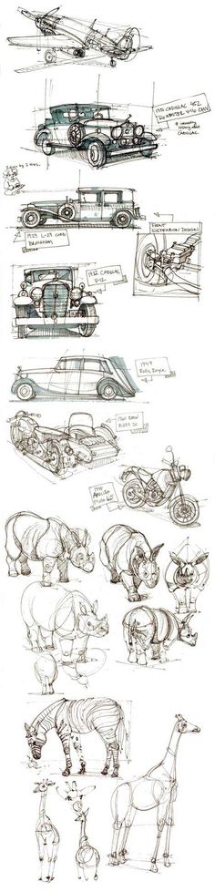 some sketches from the concept art for an upcoming movie, including two cars and one horse